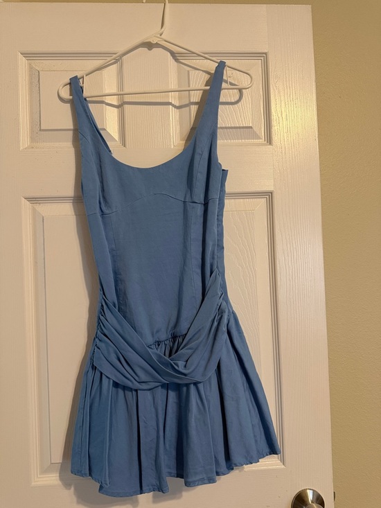 Meshki Light Blue Sleeveless Mini Dress with Draped Front